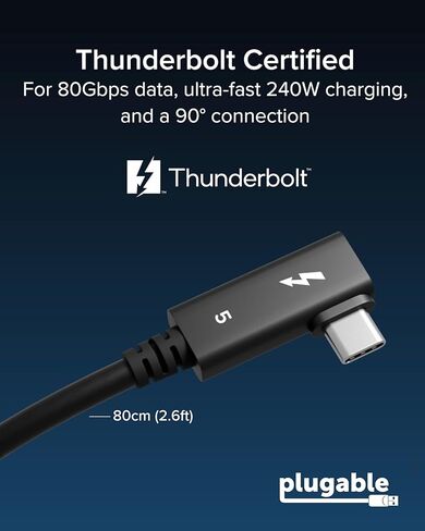 كابل Thunderbolt 5 قابل للتوصيل بزاوية يمنى 80 جيجابت في الثانية شحن 240 وات [معتمد من Thunderbolt] تعزيز عرض النطاق الترددي يصل إلى 120 جيجابت في الثانية لأجهزة الكمبيوتر المحمولة والأرصفة يعمل مع Thunderbolt 4/3 USB4 USB C، 2.6 قدم (80 سم) TBT5-240W80R in Saudi Arabia