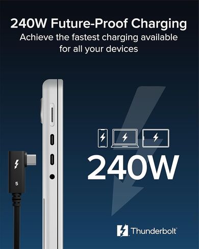 كابل Thunderbolt 5 قابل للتوصيل بزاوية يمنى 80 جيجابت في الثانية شحن 240 وات [معتمد من Thunderbolt] تعزيز عرض النطاق الترددي يصل إلى 120 جيجابت في الثانية لأجهزة الكمبيوتر المحمولة والأرصفة يعمل مع Thunderbolt 4/3 USB4 USB C، 2.6 قدم (80 سم) TBT5-240W80R in Saudi Arabia