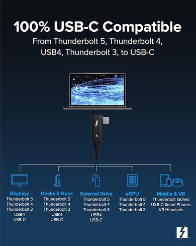 كابل Thunderbolt 5 قابل للتوصيل بزاوية يمنى 80 جيجابت في الثانية شحن 240 وات [معتمد من Thunderbolt] تعزيز عرض النطاق الترددي يصل إلى 120 جيجابت في الثانية لأجهزة الكمبيوتر المحمولة والأرصفة يعمل مع Thunderbolt 4/3 USB4 USB C، 2.6 قدم (80 سم) TBT5-240W80R in Saudi Arabia