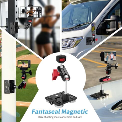 fantaseal 4lbs-Load مفصل مغناطيسي قوي للهاتف كاميرا عمل حامل تثبيت على السيارة أعمدة فولاذية طقم تسجيل فيديو مع ذراع سحري برأس كروي مزدوج قابل للتعديل لـ GoPro Insta360 DJI OSMO iPhone لتسجيل الفيديو in Kuwait