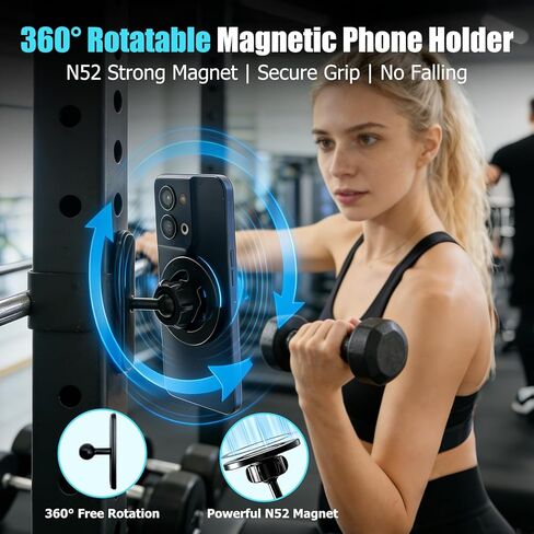 Magnetic Gym Phone Holder for MagSafe, All Metal Dual Magnetic Phone Mount, 360° Adjustable Tri-Axis Gym Essentials for Workout Recording, Compatible with iPhone 12-17 & All Android Phones in Saudi Arabia