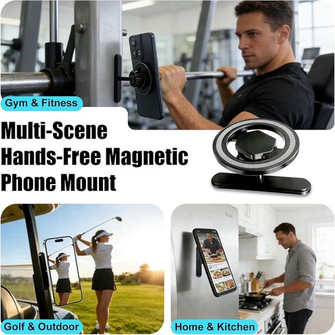 Magnetic Gym Phone Holder for MagSafe, All Metal Dual Magnetic Phone Mount, 360° Adjustable Tri-Axis Gym Essentials for Workout Recording, Compatible with iPhone 12-17 & All Android Phones in Saudi Arabia