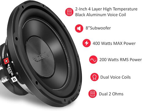 RECOIL IRW8D4 8 Inch Car Audio Subwoofer 400 Watts Power Dual 4 Ohm Voice Coil, 2" Black-Coated 4 Layer High Temperature Voice Coil, Competition Grade Pressed Paper Cone in Saudi Arabia