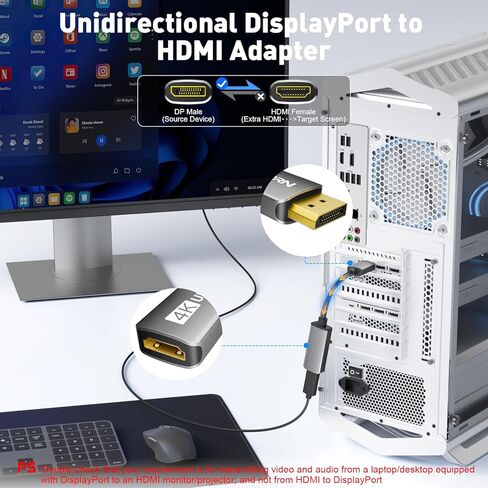 منفذ عرض نشط 4K@60 هرتز إلى محول HDMI (1440P/2K@120 هرتز) مصدر DP 1.2 أحادي الاتجاه إلى محول عرض HDMI 2.0، محول DisplayPort ذكر إلى HDMI أنثى لـ NVIDIA وAMD وسطح المكتب وشاشة الألعاب in Kuwait