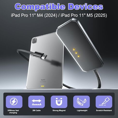 Magnetic Wireless Charger for iPad Pro 11"(M4 2024, M5 2025) ONLY, 35W Magnetic Aluminum Alloy Smart Connector Charger with 6.5FT USB C Cable, Fast Charging Release Port No Hand Obstruction in Saudi Arabia