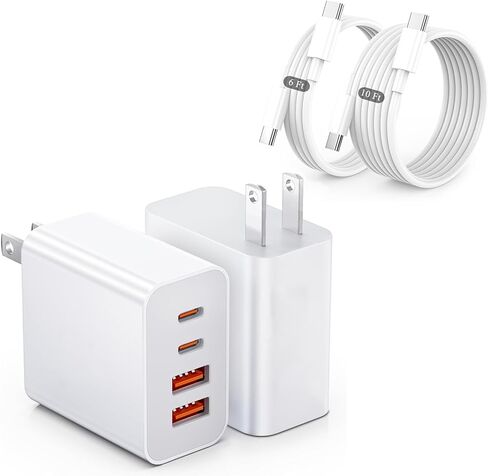 شاحن حائط USB-C، 40 وات، 4 منافذ (2×USB-C PD+2×USB-A QC) كتلة شحن سريعة لهاتف iPhone 17 16 15 14 13 12 11 XS Pro Max Plus Mini Air، محول طاقة لجهاز iPad، كابل شحن هاتف Andriod C، عبوة من قطعتين باللون الأبيض in Saudi Arabia
