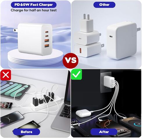 شاحن حائط USB-C، 40 وات، 4 منافذ (2×USB-C PD+2×USB-A QC) كتلة شحن سريعة لهاتف iPhone 17 16 15 14 13 12 11 XS Pro Max Plus Mini Air، محول طاقة لجهاز iPad، كابل شحن هاتف Andriod C، عبوة من قطعتين باللون الأبيض in Saudi Arabia