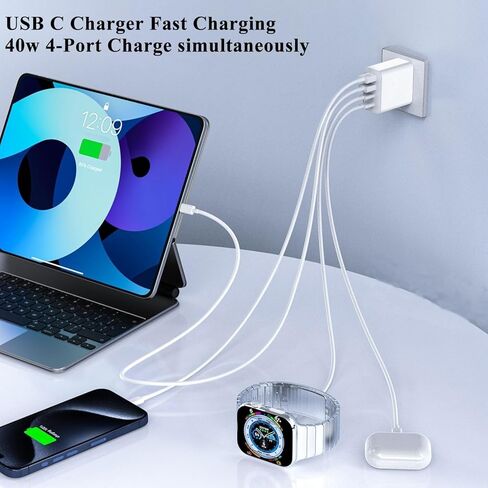 شاحن حائط USB-C، 40 وات، 4 منافذ (2×USB-C PD+2×USB-A QC) كتلة شحن سريعة لهاتف iPhone 17 16 15 14 13 12 11 XS Pro Max Plus Mini Air، محول طاقة لجهاز iPad، كابل شحن هاتف Andriod C، عبوة من قطعتين باللون الأبيض in Saudi Arabia