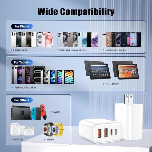 شاحن حائط USB-C، 40 وات، 4 منافذ (2×USB-C PD+2×USB-A QC) كتلة شحن سريعة لهاتف iPhone 17 16 15 14 13 12 11 XS Pro Max Plus Mini Air، محول طاقة لجهاز iPad، كابل شحن هاتف Andriod C، عبوة من قطعتين باللون الأبيض in Saudi Arabia