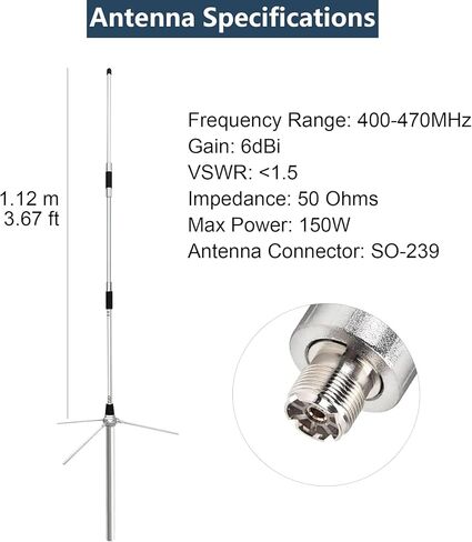 هوائي قاعدة UHF GMRS لمكررات 400-470 ميجا هرتز هوائي عالي الكسب 6dBi من سبائك الألومنيوم للمحطة الأساسية مع كابل محوري PL-259 بطول 32 قدم ومحول SMA in Kuwait