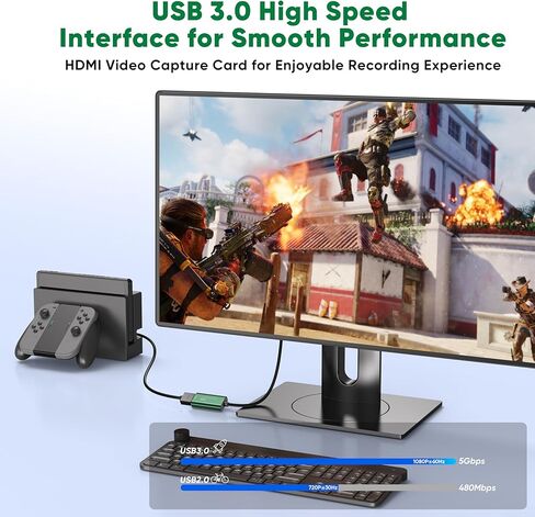 بطاقة التقاط الفيديو، بطاقة التقاط 4K HDMI إلى USB 3.0، بطاقة التقاط 1080P 60FPS للبث والألعاب، متوافقة مع IPad Windows Android Mac OS Switch 2/Xbox/PS5/4/الكاميرا/التكبير/OBS (أخضر) in Saudi Arabia