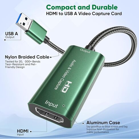 بطاقة التقاط الفيديو، بطاقة التقاط 4K HDMI إلى USB 3.0، بطاقة التقاط 1080P 60FPS للبث والألعاب، متوافقة مع IPad Windows Android Mac OS Switch 2/Xbox/PS5/4/الكاميرا/التكبير/OBS (أخضر) in Saudi Arabia