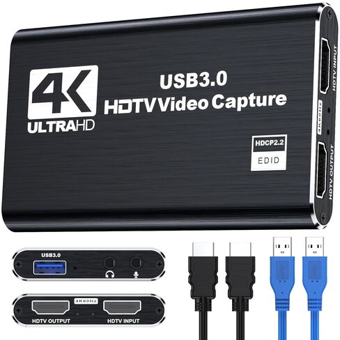 بطاقة التقاط 4K HDTV للبث، بطاقة التقاط الصوت والفيديو مع ميكروفون 4K HDTV Loop-Out، مسجل فيديو 1080P 60 إطارًا في الثانية للألعاب/البث المباشر/مؤتمر الفيديو، (أسود) in Saudi Arabia