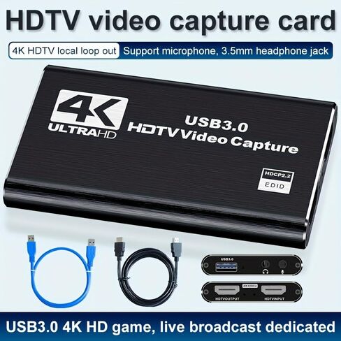 بطاقة التقاط 4K HDTV للبث، بطاقة التقاط الصوت والفيديو مع ميكروفون 4K HDTV Loop-Out، مسجل فيديو 1080P 60 إطارًا في الثانية للألعاب/البث المباشر/مؤتمر الفيديو، (أسود) in Saudi Arabia