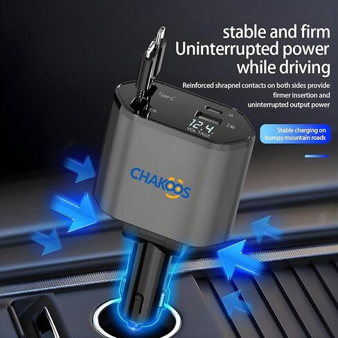شاحن سيارة قابل للسحب شحن سريع 4 في 1 USB C وUSB A، محول شاحن هاتف السيارة 60 وات PD، شاحن ولاعة سجائر متعدد المنافذ لهواتف iPhone 17/14 وSamsung Galaxy وأجهزة Android in Saudi Arabia
