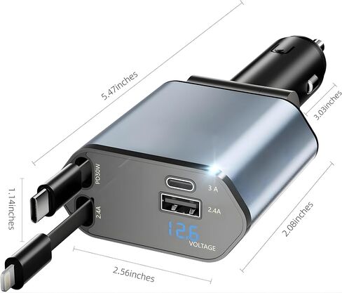 شاحن سيارة قابل للسحب شحن سريع 4 في 1 USB C وUSB A، محول شاحن هاتف السيارة 60 وات PD، شاحن ولاعة سجائر متعدد المنافذ لهواتف iPhone 17/14 وSamsung Galaxy وأجهزة Android in Saudi Arabia