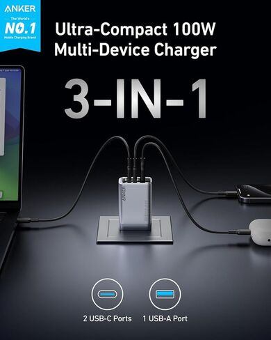 Anker Prime 100W GaN Wall Charger 3-Port USB-C شاحن سريع محول طاقة مدمج لأجهزة MacBook وiPhone وiPad وGalaxy وSteam Deck والكمبيوتر المحمول والكمبيوتر اللوحي - قابس محمول عالي السرعة - أسود in Saudi Arabia