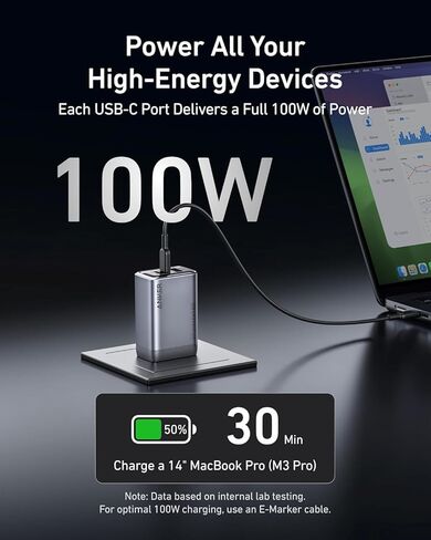 Anker Prime 100W GaN Wall Charger 3-Port USB-C شاحن سريع محول طاقة مدمج لأجهزة MacBook وiPhone وiPad وGalaxy وSteam Deck والكمبيوتر المحمول والكمبيوتر اللوحي - قابس محمول عالي السرعة - أسود in Saudi Arabia