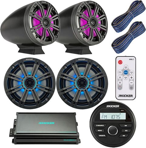 Gauge Style Bluetooth Boat Receiver, 2x 6.5" 195 Watt Max Black Marine Loaded Tower Speakers w/ MultiColor LEDs, 2x 6.5" OEM Replacement LED Charcoal Speakers, 4-CH Amplifier, LED Remote, 2x Wire in Saudi Arabia
