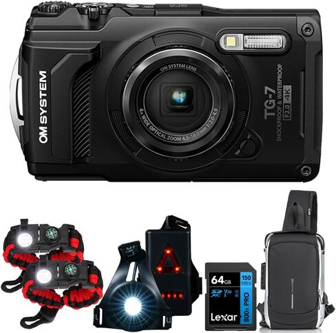 كاميرا رقمية تحت الماء OM SYSTEM Olympus Tough TG‑7 بدقة 12 ميجابكسل 4K، حزمة أمان سوداء مع حقيبة ظهر Deco Essentials Sling، سوار باراكورد مكون من قطعتين، ضوء أمان وبطاقة SDXC سعة 64 جيجابايت من Lexar in Kuwait