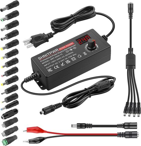 SHNITPWR Universal Power Supply Adjustable 3.5V~24V 3A 72W Variable 3.5V 5V 9V 12V 18V 20V 24V AC/DC Adapter, 100V-240V AC to DC Converter with 16 Tips,4-Way Power Splitter Cable,Polarity Converter in Saudi Arabia