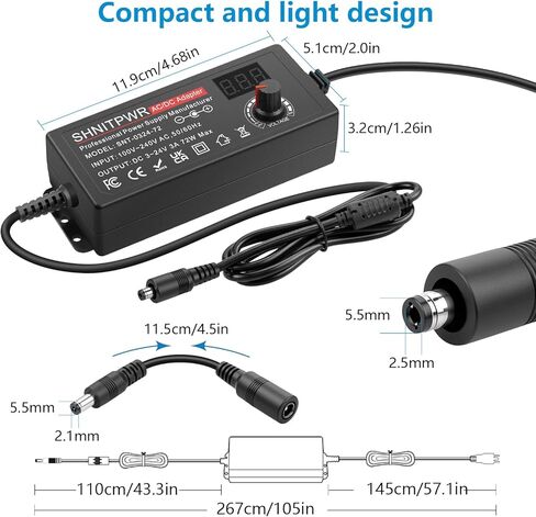 SHNITPWR Universal Power Supply Adjustable 3.5V~24V 3A 72W Variable 3.5V 5V 9V 12V 18V 20V 24V AC/DC Adapter, 100V-240V AC to DC Converter with 16 Tips,4-Way Power Splitter Cable,Polarity Converter in Saudi Arabia