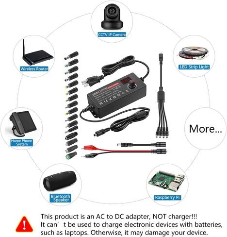 SHNITPWR Universal Power Supply Adjustable 3.5V~24V 3A 72W Variable 3.5V 5V 9V 12V 18V 20V 24V AC/DC Adapter, 100V-240V AC to DC Converter with 16 Tips,4-Way Power Splitter Cable,Polarity Converter in Saudi Arabia