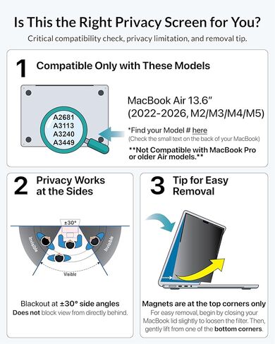 فلتر شاشة خصوصية مغناطيسي قابل للإزالة لجهاز MacBook Air 13.6 بوصة (M2/M3/M4/M5، 2022-2026)، شرائط على شكل حرف L للتثبيت الآمن، مضاد للتوهج وحجب الضوء الأزرق in Kuwait