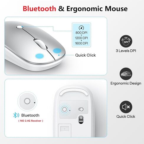 Wireless Keyboard and Mouse for Mac, 14 Media Shortcuts Keyboard with Adjustable DPI Mouse, Slim & Portable Design, Stable Bluetooth Connection, Silver-White,OMOTON in Saudi Arabia