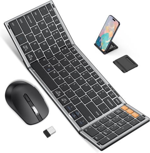 Foldable Keyboard and Mouse 2.4G Wireless + Dual Bluetooth, Portable Keyboard Mouse for Business Travel, OMOTON Rechargeable Ergonomic Design for iPad Android Tablet MacOS Windows Laptop, Space Grey in Saudi Arabia