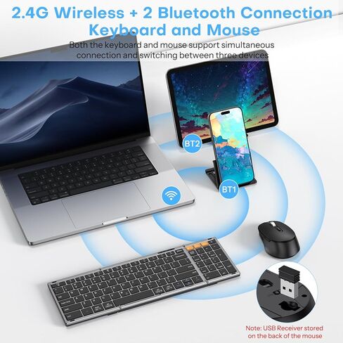 Foldable Keyboard and Mouse 2.4G Wireless + Dual Bluetooth, Portable Keyboard Mouse for Business Travel, OMOTON Rechargeable Ergonomic Design for iPad Android Tablet MacOS Windows Laptop, Space Grey in Saudi Arabia