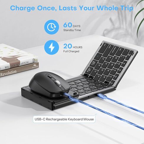 Foldable Keyboard and Mouse 2.4G Wireless + Dual Bluetooth, Portable Keyboard Mouse for Business Travel, OMOTON Rechargeable Ergonomic Design for iPad Android Tablet MacOS Windows Laptop, Space Grey in Saudi Arabia