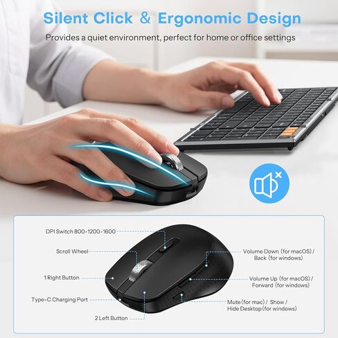 Foldable Keyboard and Mouse 2.4G Wireless + Dual Bluetooth, Portable Keyboard Mouse for Business Travel, OMOTON Rechargeable Ergonomic Design for iPad Android Tablet MacOS Windows Laptop, Space Grey in Saudi Arabia