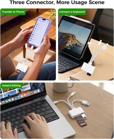 3-in-1 SD Card Reader for iPhone 17 16 15 14 iPad, Memory Card Reader with USB Camera Adapter Plug and Play, SD/Micro SD Card Adapter for Mac Android PC, Trail Game Camera Viewer No App Required in Saudi Arabia
