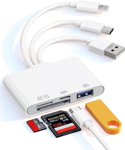 محول OTG 4 في 1، محرك فلاش وقارئ بطاقة SD/TF لهاتف iPhone - قارئ بطاقة ذاكرة USB-C/Lightning/USB ثلاثي مع فتحات SD/TF ومنفذ شحن USB-C + منفذ بيانات لنقل الصور من الكاميرا الرقمية إلى الهاتف in Saudi Arabia