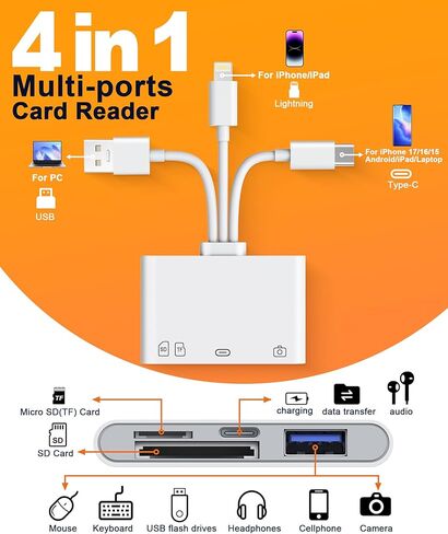 محول OTG 4 في 1، محرك فلاش وقارئ بطاقة SD/TF لهاتف iPhone - قارئ بطاقة ذاكرة USB-C/Lightning/USB ثلاثي مع فتحات SD/TF ومنفذ شحن USB-C + منفذ بيانات لنقل الصور من الكاميرا الرقمية إلى الهاتف in Saudi Arabia
