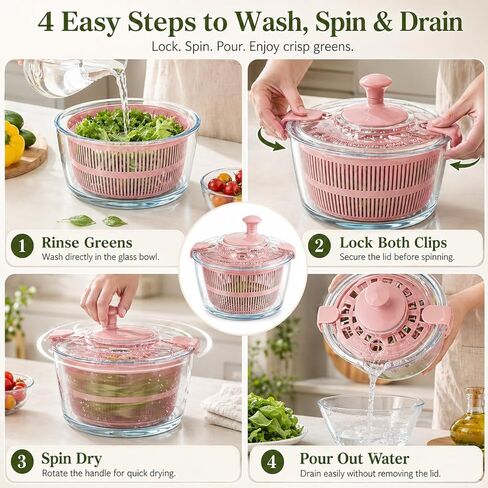 Good Grips كبير 5.2 Qt مجفف خضروات دوار للسلطة الزجاجية مع تصريف آمن لغسالة الأطباق مع غطاء شفاف مقبض كرنك سريع الدوران للخضروات للخس والأعشاب والفواكه الوردية in Kuwait