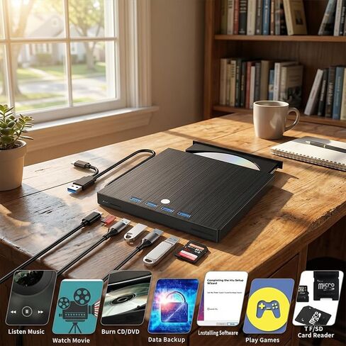 External CD DVD Drive,8-in-1 Portable CD/DVD +/-RW Burner, Plug & Play Slim Optical Drive for Laptop Mac, PC Windows 11/10/8/7 Linux OS in Saudi Arabia