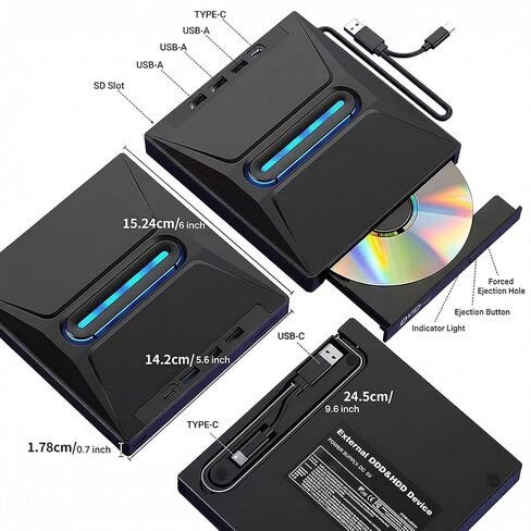Portable External CD/DVD Drive for Laptop Desktop, 8 in 1 Burner CD/DVD +/- RW Reader Writer Disk Duplicator, External ODD & HDD Device in Saudi Arabia