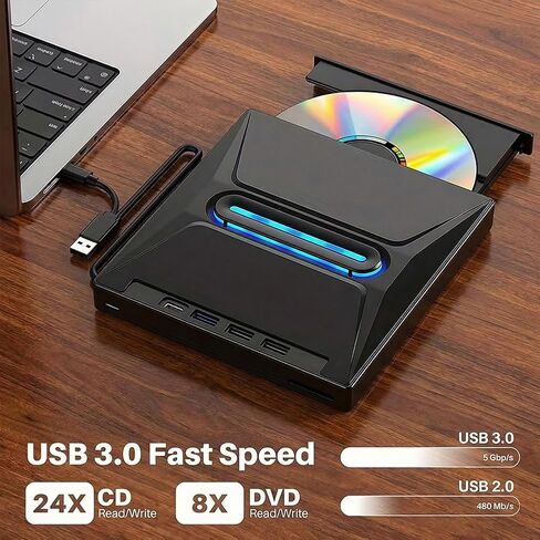 Portable External CD/DVD Drive for Laptop Desktop, 8 in 1 Burner CD/DVD +/- RW Reader Writer Disk Duplicator, External ODD & HDD Device in Saudi Arabia