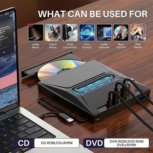 Portable External CD/DVD Drive for Laptop Desktop, 8 in 1 Burner CD/DVD +/- RW Reader Writer Disk Duplicator, External ODD & HDD Device in Saudi Arabia