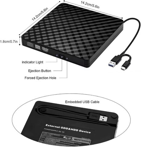 1Pack,USB External DVD/CD Drive - Dual USB & Type-C Portable Burner for Laptop & Desktop, Black Diamond Design for Home & Office Entertainment in Saudi Arabia