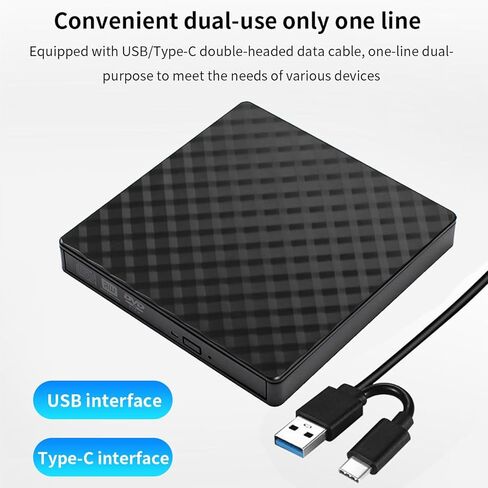 1Pack,USB External DVD/CD Drive - Dual USB & Type-C Portable Burner for Laptop & Desktop, Black Diamond Design for Home & Office Entertainment in Saudi Arabia