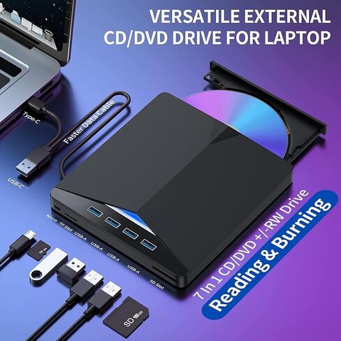 External CD DVD Drive 7-in-1 USB 3.0 Portable Optical Drive CD DVD Player Burner with 3 USB Ports and SD TF Card Reader Ultra Slim External Disk Drive for Laptop PC Windows Mac Linux Computer in Saudi Arabia