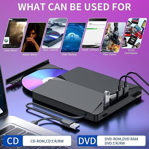 External CD DVD Drive 7-in-1 USB 3.0 Portable Optical Drive CD DVD Player Burner with 3 USB Ports and SD TF Card Reader Ultra Slim External Disk Drive for Laptop PC Windows Mac Linux Computer in Saudi Arabia