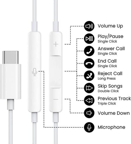 سماعات رأس USB C لأجهزة iPhone 17/17 Pro/16/16e/15 Pro Max/Plus، سماعات أذن سلكية من النوع C (ميكروفون وجهاز تحكم عن بعد) إلغاء الضوضاء لجهاز lPad Pro، Galaxy S23/S22/S21/Ultra Note10/20، بكسل in Saudi Arabia