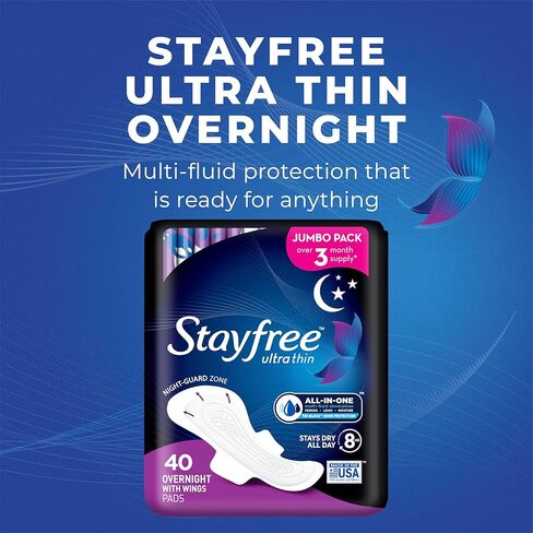 Stayfree Ultra Thin Overnight Pads with Wings, for Women, Reliable Protection and Absorbency of Feminine Moisture, Leaks and Periods, 40 Count - Pack of 3 & Maxi Super Long Pads with Wings for Women in Saudi Arabia