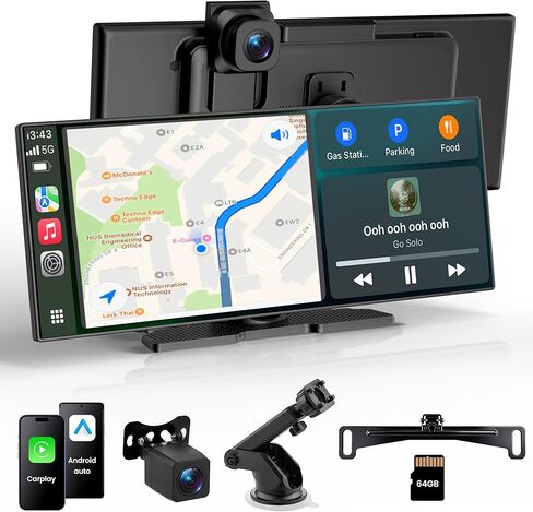 11.5" Portable Carplay Screen for Car,Wireless Car Play Screen with Carplay,Android Auto,OTA Updates,60FPS,4K Dash Cam + 1080P Backup Cam (with a Camera Bracket),Voice Control,GPS Navigation in Saudi Arabia