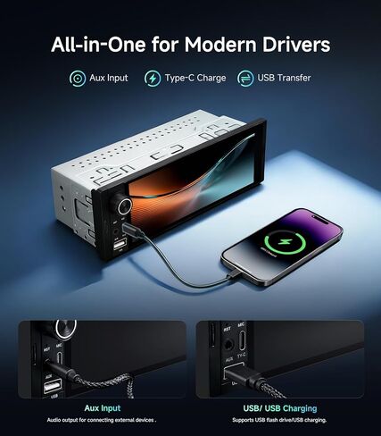 6.36" Single DIN Car Radio Stereo, Linux System HD IPS Touchscreen with Wireless CarPlay & Android Auto, Bluetooth, USB-C/USB/FM in Saudi Arabia