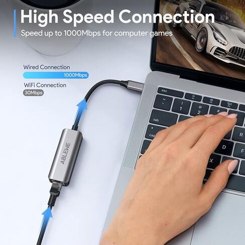 USB C to Ethernet Adapter, ABLEWE Type-C to RJ45 Gigabit Ethernet Adapter, Thunderbolt 3/4 to RJ45 LAN Network Adapter Compatible for MacBook Pro/Air, iPhone 15/16/17 Pro/Max,iMac, iPad Pro, Dell XPS in Kuwait